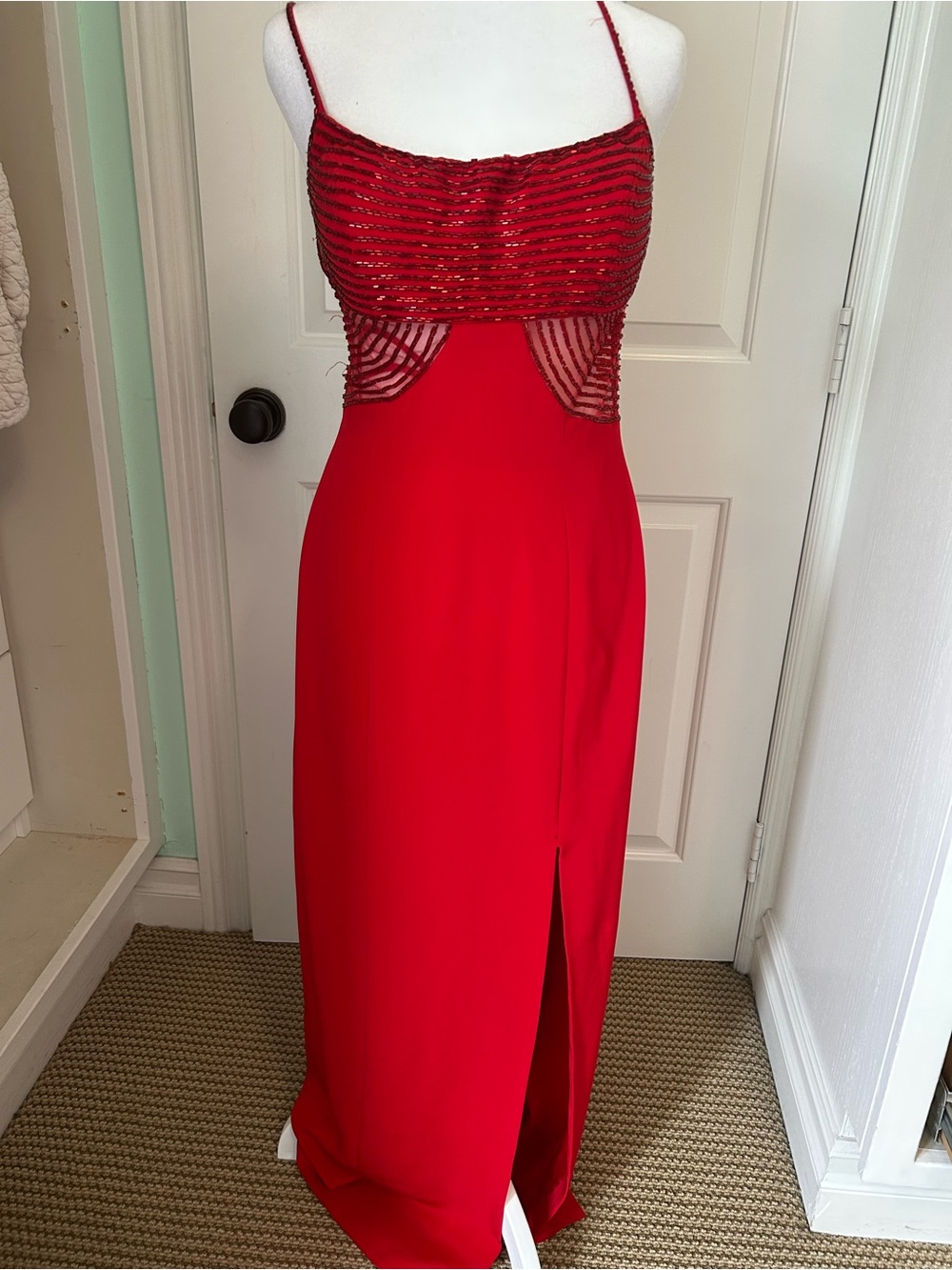 Red Beaded Spaghetti-Strap Evening Dress